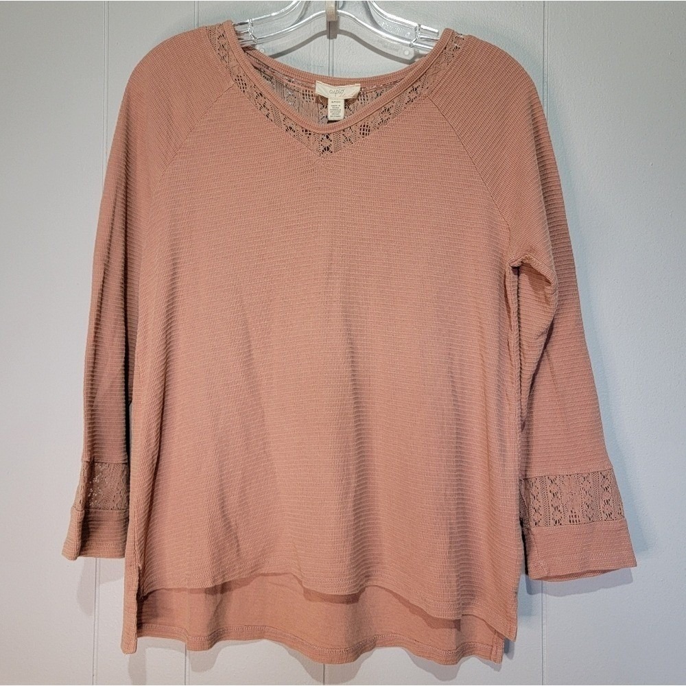 Cupio Blush Womens‎ Waffle Knit Lace Trim V-Neck Top Bella Blush Pink MXIY889 S